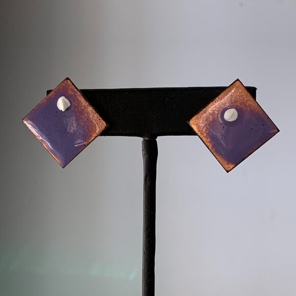 Vintage Abstract Midcentury Copper Earrings Purple Splatter Paint - Picture 1 of 7